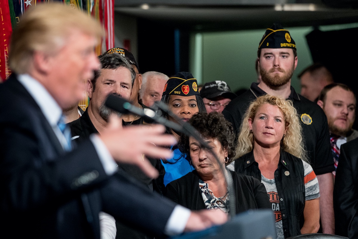 Veterans listen as President Donald Trump speaks before signing an Executive Order at the Department of Veterans Affairs, Thursday, April 27, 2017, in Washington. (AP Photo/Andrew Harnik)