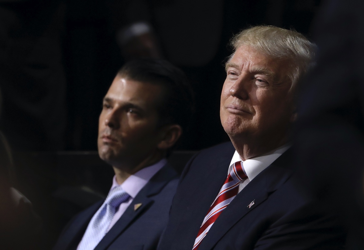 Donald Trump and his son Donald Trump, Jr. at the Republican National Convention in Cleveland, Wednesday, July 20, 2016. (AP Photo/Matt Rourke)