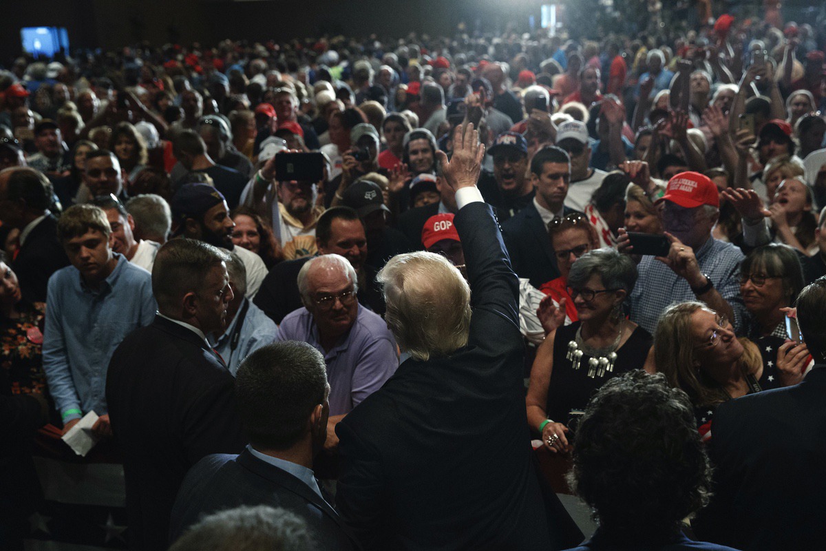 Donald Trump waves as he leaves a campaign rally, Friday, Aug. 12, 2016, in Altoona, Pa. (AP Photo/Evan Vucci)