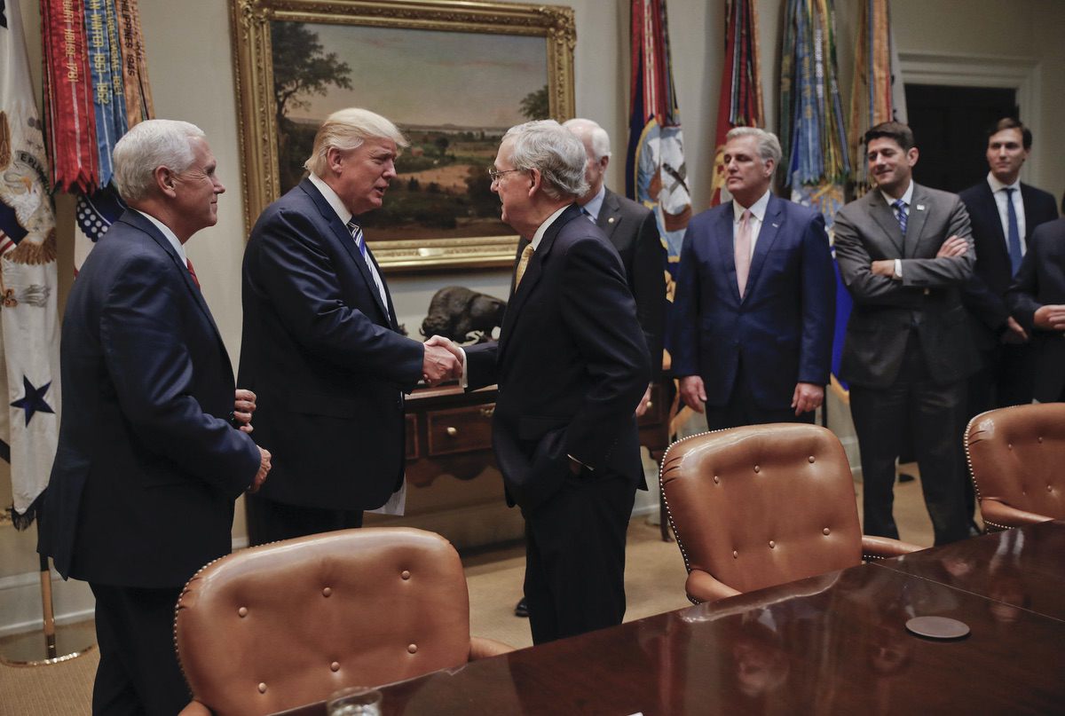 From left: President Donald Trump, Senate Majority Leader Mitch McConnell (R-KY), Vice President Mike Pence, Senate Majority Whip John Cornyn (R-TX), House Majority Leader Kevin McCarthy (R-CA), House Speaker Paul Ryan (R-WI), and Senior adviser to President Donald Trump Jared Kushner in the Roosevelt Room of the White House in Washington, Tuesday, June 6, 2017. (AP Photo/Pablo Martinez Monsivais)
