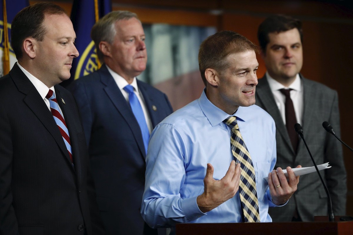 Rep. Jim Jordan, R-Ohio, speaks next to Rep. Lee Zeldin, R-N.Y., left, Rep. Mark Meadows, R-North Carolina, and Rep. Matt Gaetz, R-Fla., during a news conference with members of the Freedom Caucus where they called for a second prosecutor to investigate the Dept. of Justice and FBI, Tuesday, May 22, 2018, on Capitol Hill in Washington. (AP Photo/Jacquelyn Martin)