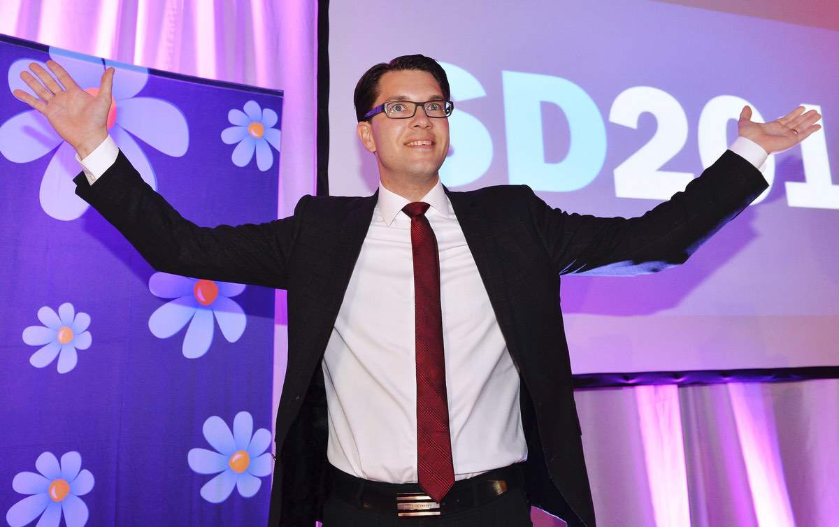 Sweden Democrats Party leader Jimmie Akesson celebrates at the election night party in Stockholm, Sweden. Sunday Sept. 14, 2014 file photo (AP Photo/News Agency TT, Anders Wiklund, File) SWEDEN OUT