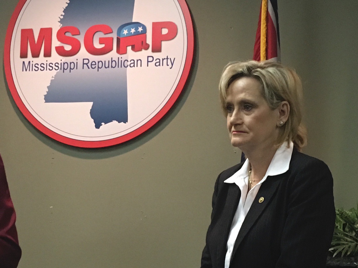 Republican U.S. Sen. Cindy Hyde-Smith of Mississippi appeared at a news conference at the state Republican Party headquarters in Jackson, Miss., on Monday, Nov. 12, 2018 (AP Photo/Emily Wagster Pettus)