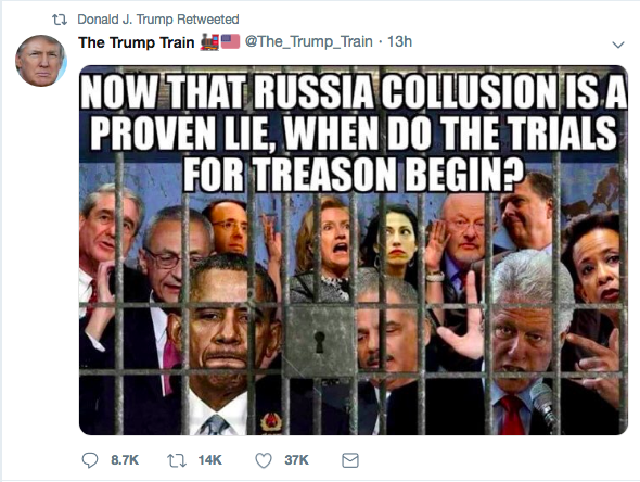 From left: Special Counsel Robert Mueller, former White House Chief of Staff and Clinton Campaign Chairman John Podesta, Deputy Attorney General Rod Rosenstein, former President Barack Obama, former Secretary of State Hillary Clinton, Clinton Aide Huma Abedin, former Attorney General Eric Holder, former Director of National Intelligence James Clapper, former President Bill Clinton, former FBI Director James Comey, and former Attorney General Loretta Lynch. (Trump's Twitter Timeline)
