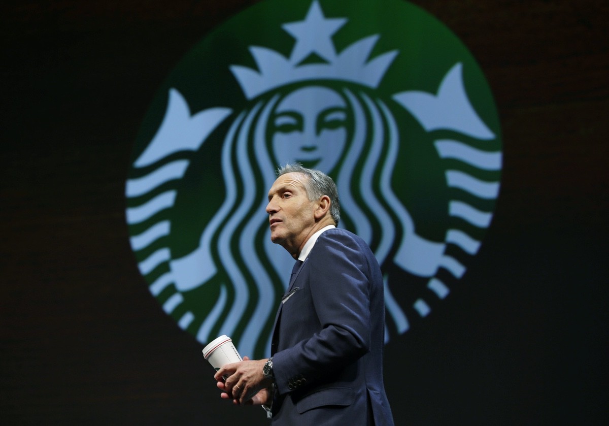 Then-Starbucks CEO Howard Schultz speaks Wednesday, March 23, 2016, at the coffee company's annual shareholders meeting in Seattle. (AP Photo/Ted S. Warren)