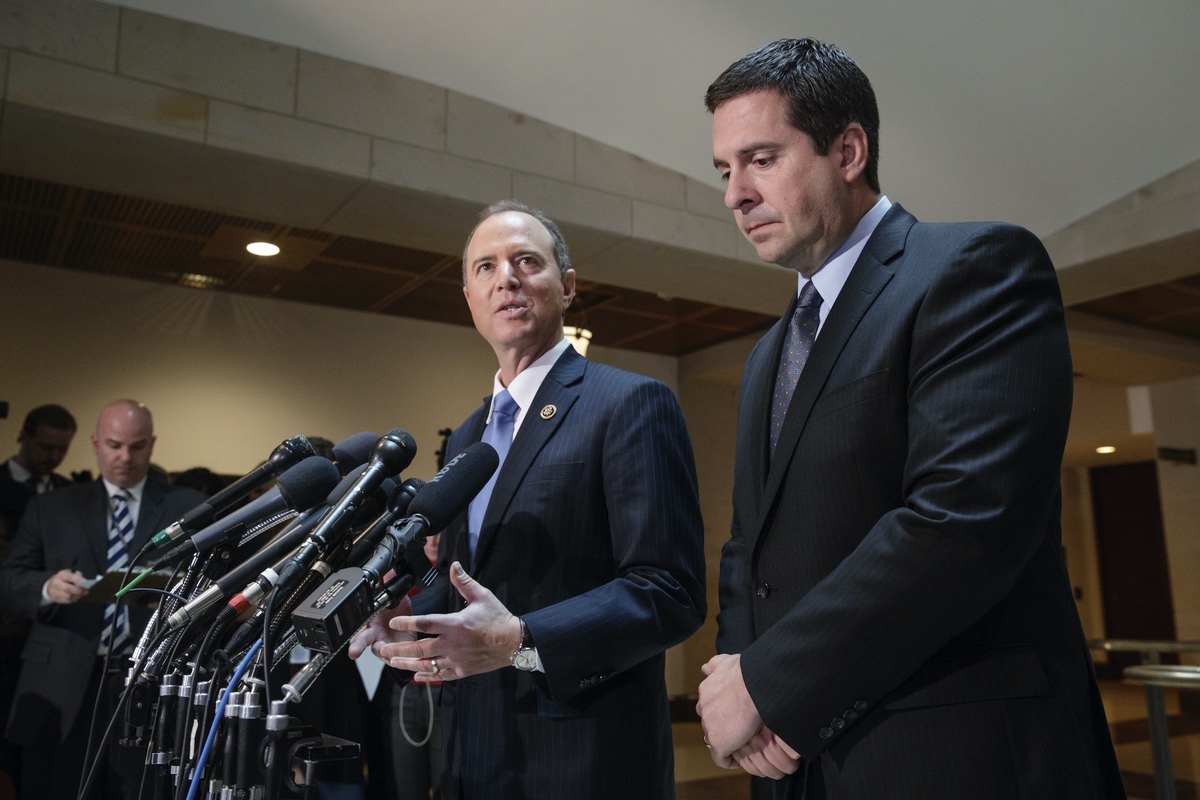Chairman of the House Permanent Select Committee on Intelligence Rep. Adam Schiff, D-Calif., joined at the right by the ranking member Devin Nunes, R-Calif., talk to reporters about their investigation Russian influence on the American presidential election, on Capitol Hill in Washington, Wednesday, March, 15, 2017 - Nunes was chairman at the time this photo was taken, so the caption reflects their post-midterm titles (AP Photo/J. Scott Applewhite)
